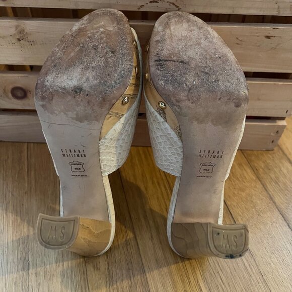 Stuart Weitzman Size 8.5 Beige Croc Embossed Leather Peep Toe Platform Mule - Picture 9 of 15